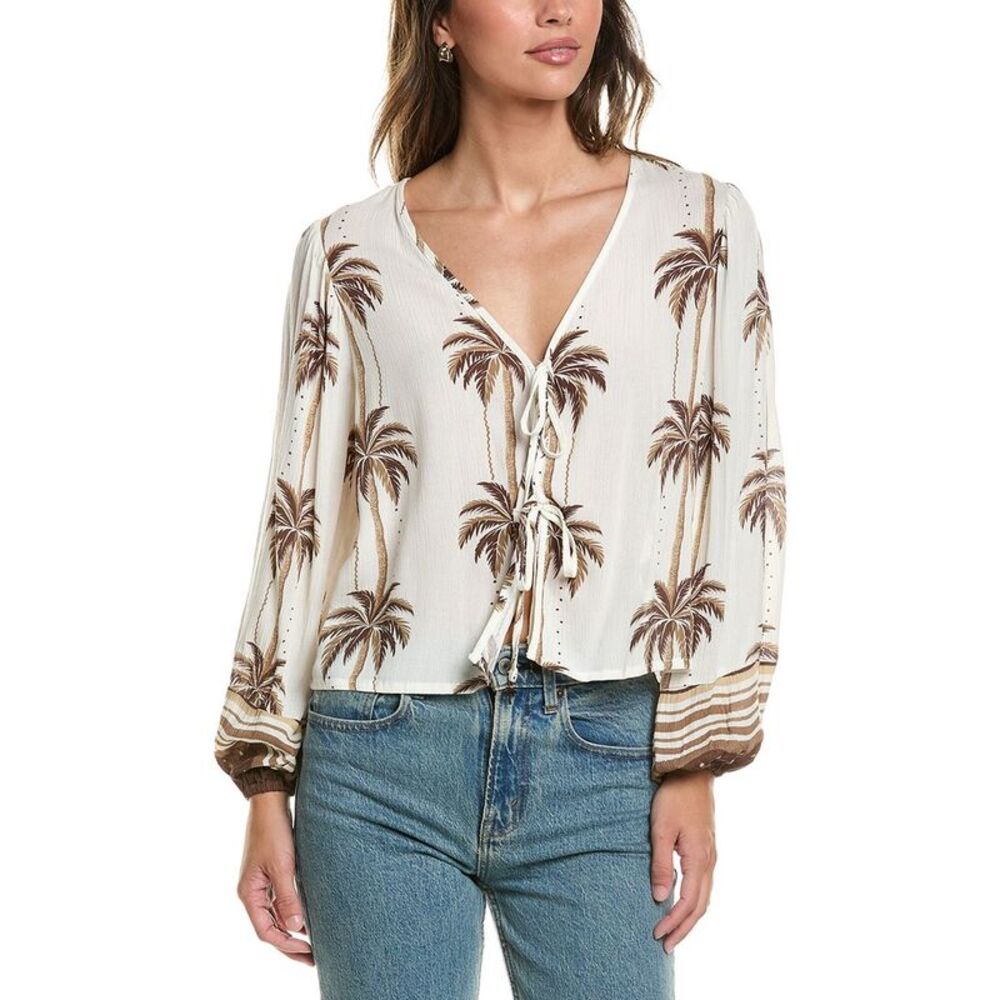 Surf Gypsy Womens Printed Balloon Sleeve Tie Front Top, White